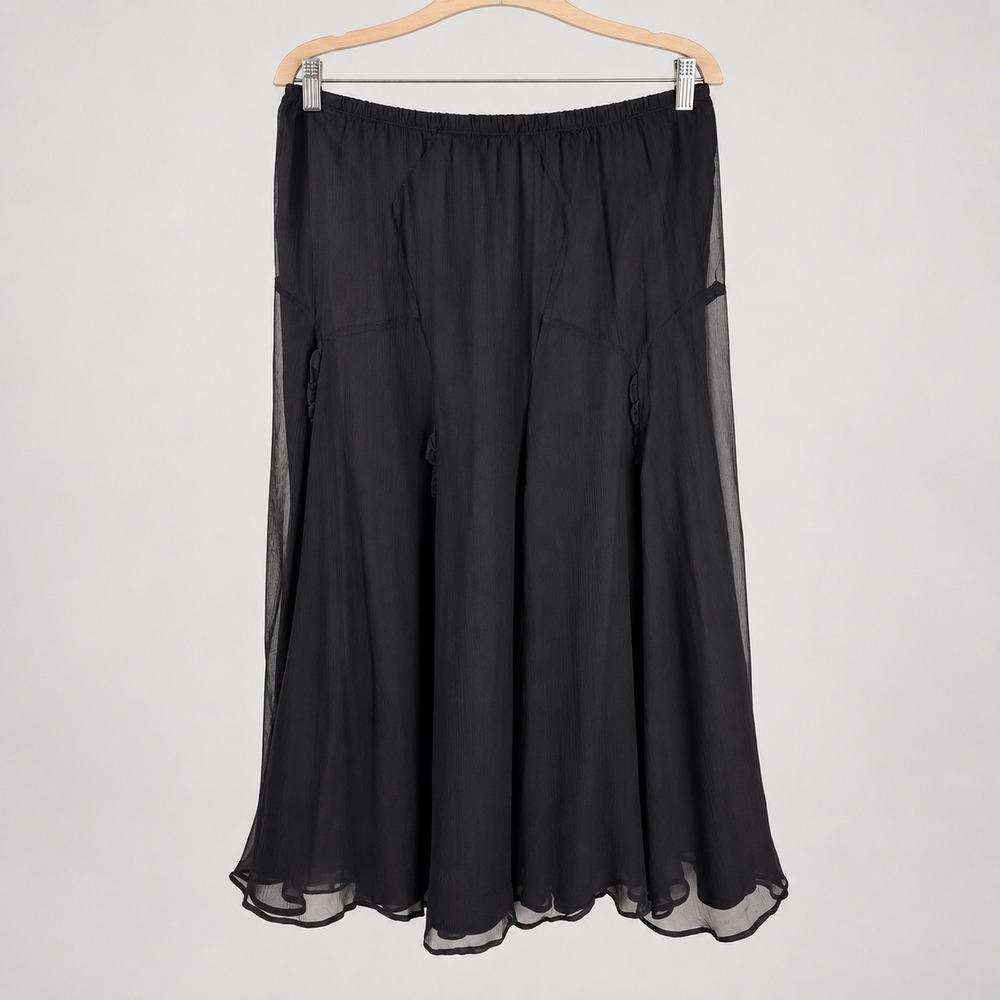 Y2K Lynn Ritchie Black 100% Silk Chiffon Godet Midi Skirt Large